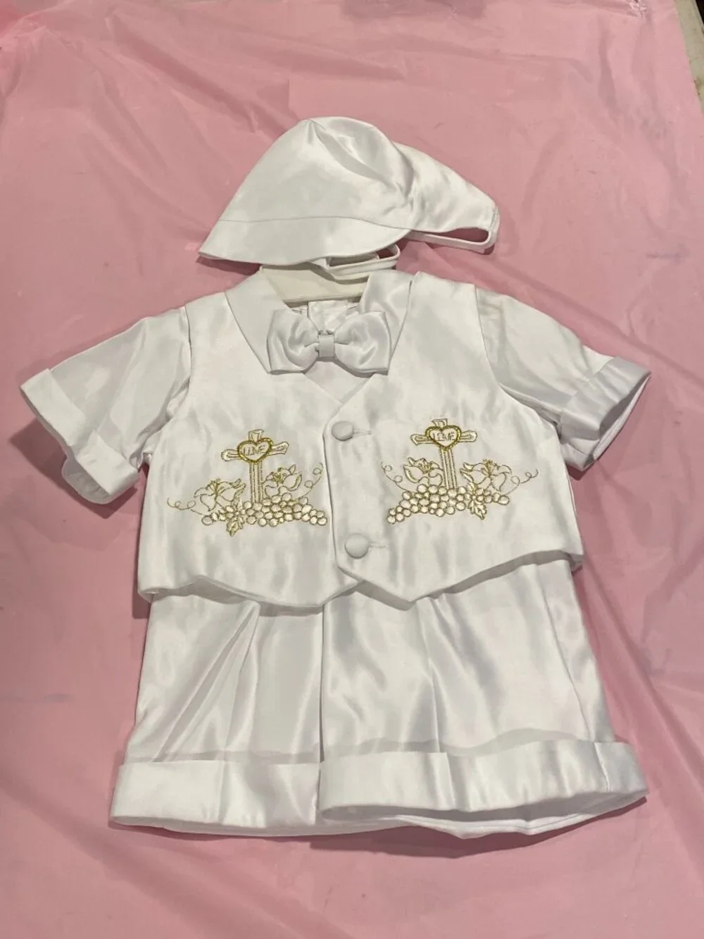 New White Christening Baptism shorts hat outfit for baby Boy Toddler(12-18 month